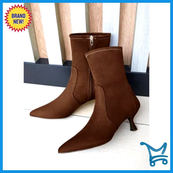 Low Kitten Heel Ankle Boots Pointed Toe Side Zipper Fall Shoes - Picture 3 of 7